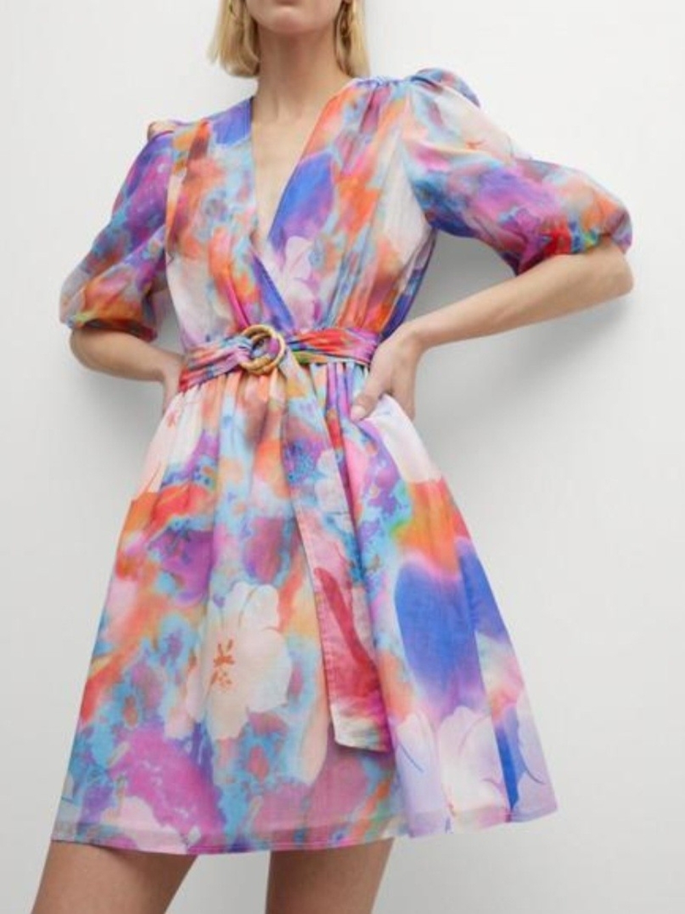 Finley Multicolor Floral Wrap Dress - Pastel Watercolor Size Large